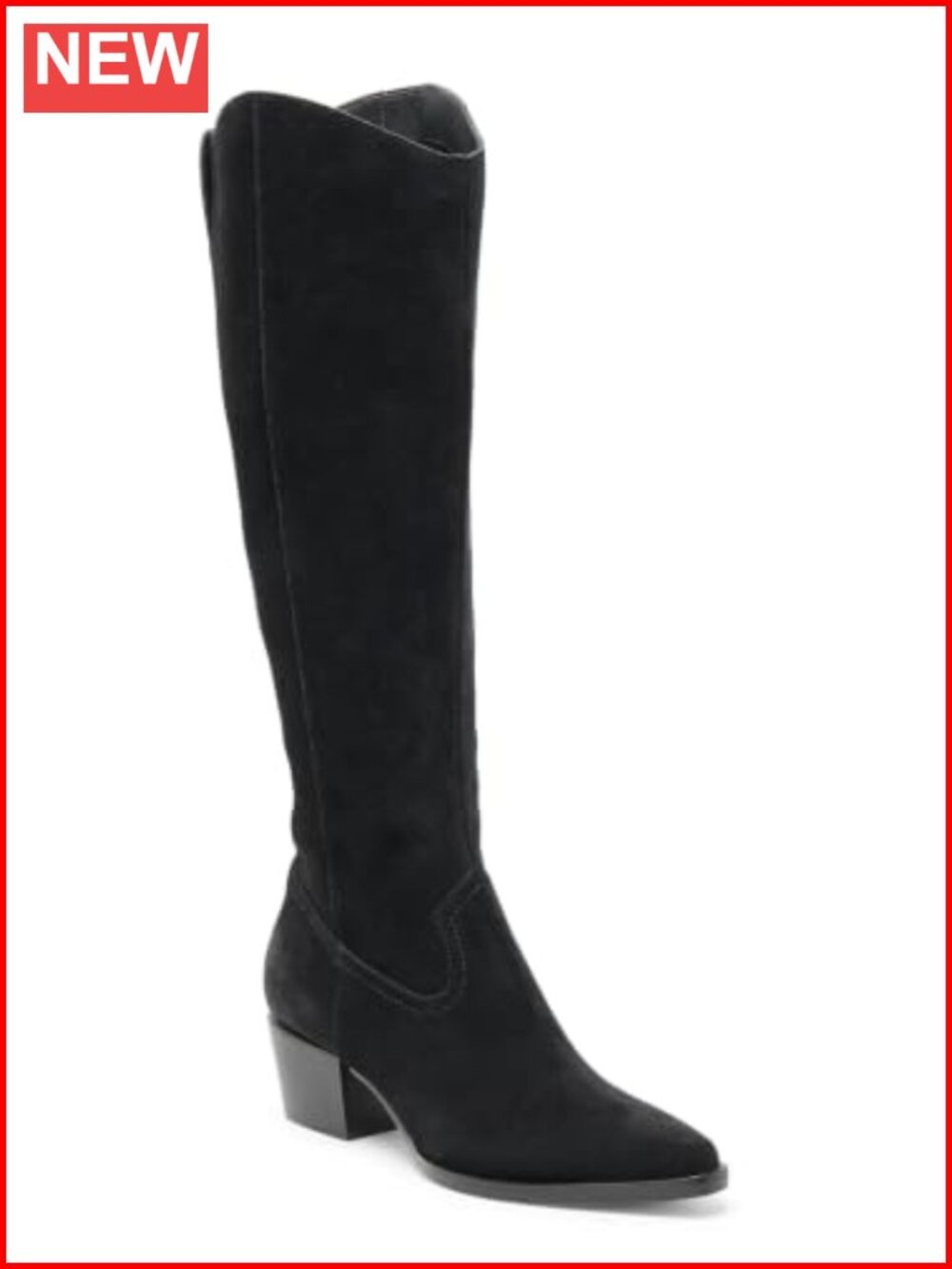 Faux Suede Wide Calf Knee High Boots Pointed Toe Chunky Heel Zip